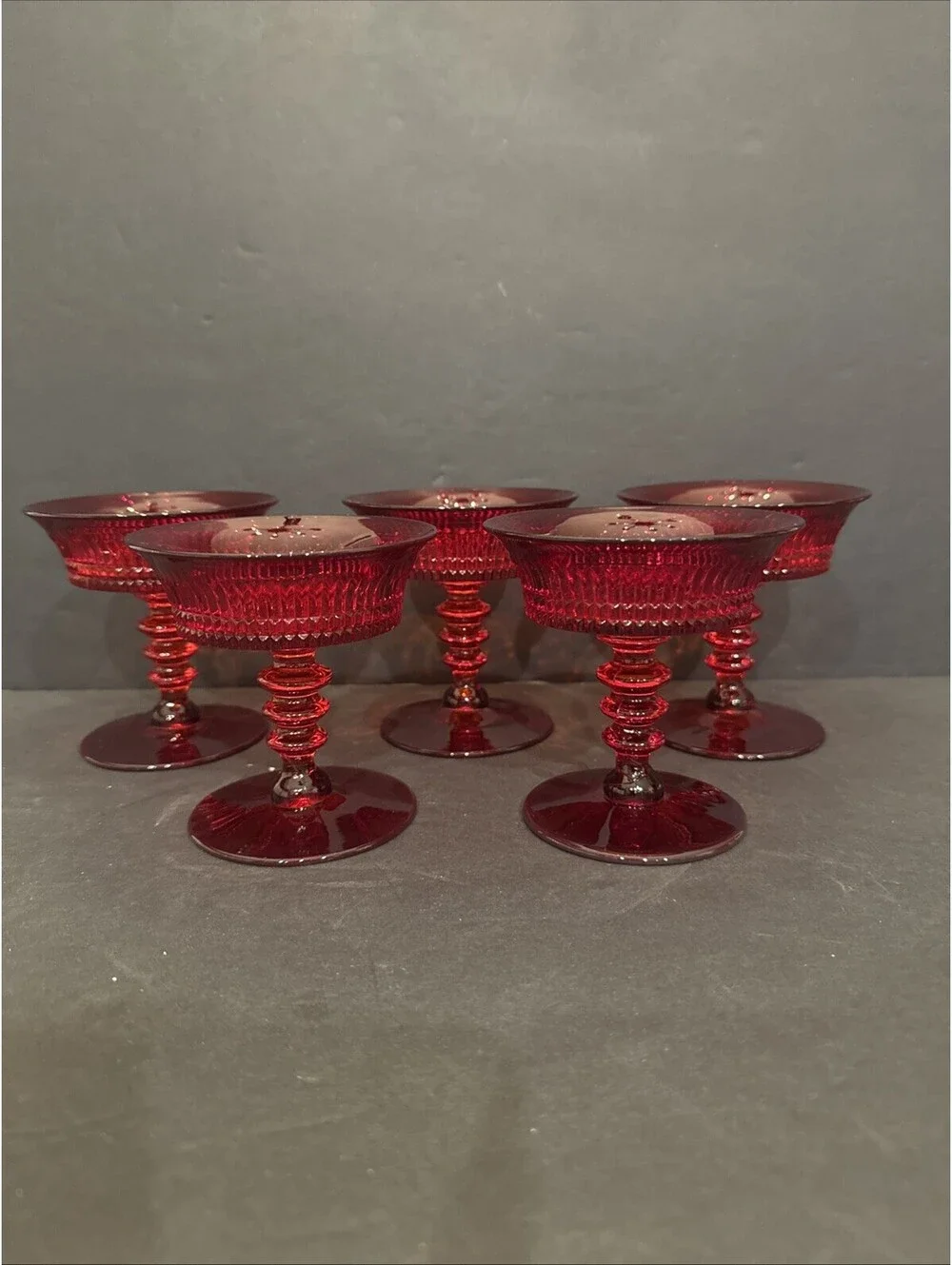 Vtg Fenton Art Glass (5) Lincoln Inn Ruby Red Champagne Sherbet Glasses 1930’s